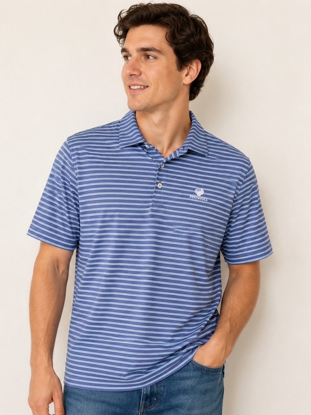 Peter Millar Men’s Golf Polo – Navy Blue Striped “Peninsula” – Size M